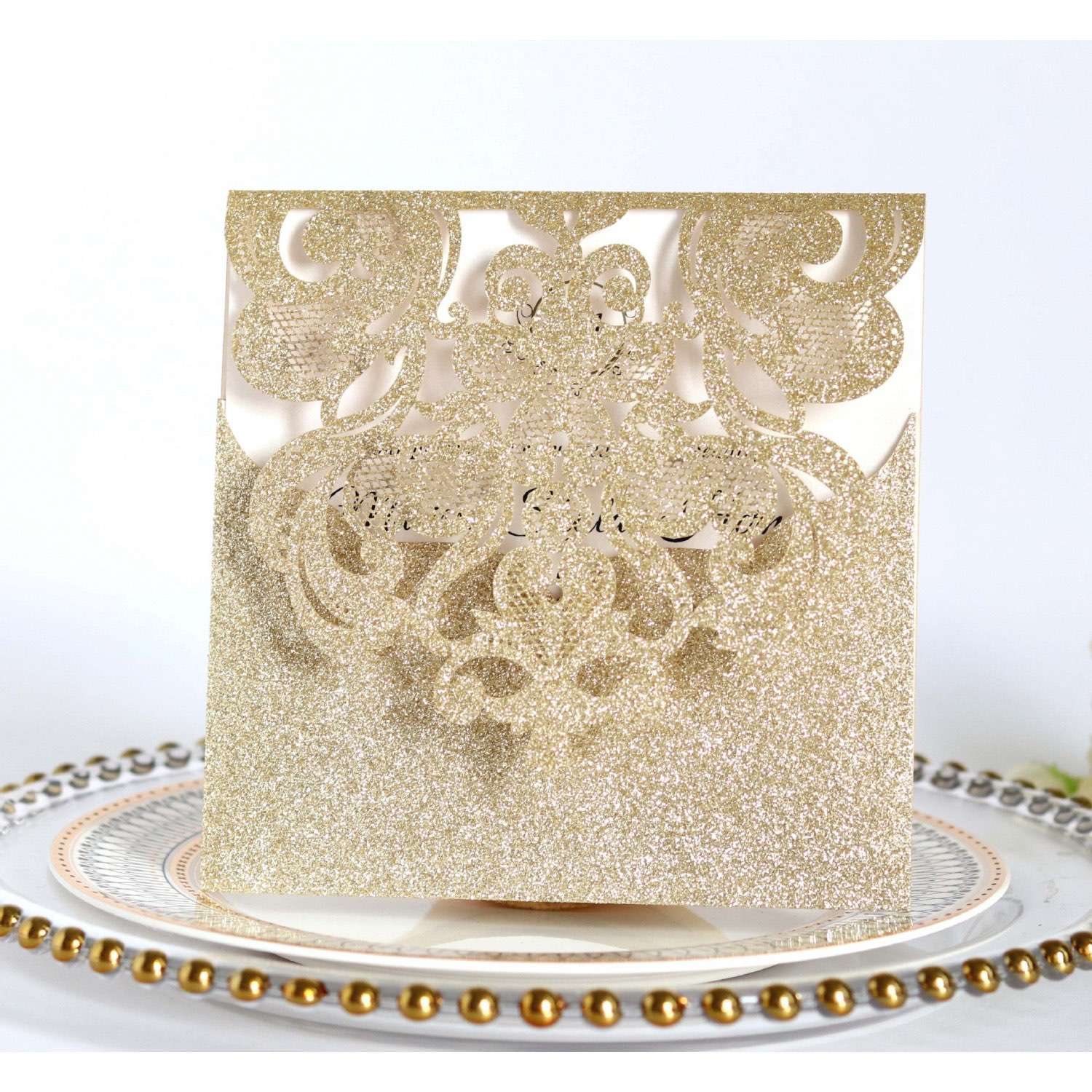 Holiday Greeting Card Glitter Pocket Invitation Golden Invitation Laser Cut